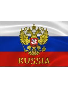 Флаг России с гербом и надписью "Russia"